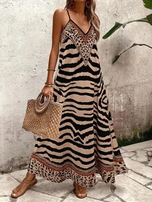 SHEIN Tall Women's Zebra Print V-Neck Sleeveless A-Line Casual Dress,Beige,Summer,Boho,Holiday,Vacation,Holiday,Elegant French Street Style Vintage Party, Tall Women - Khaki - View 7