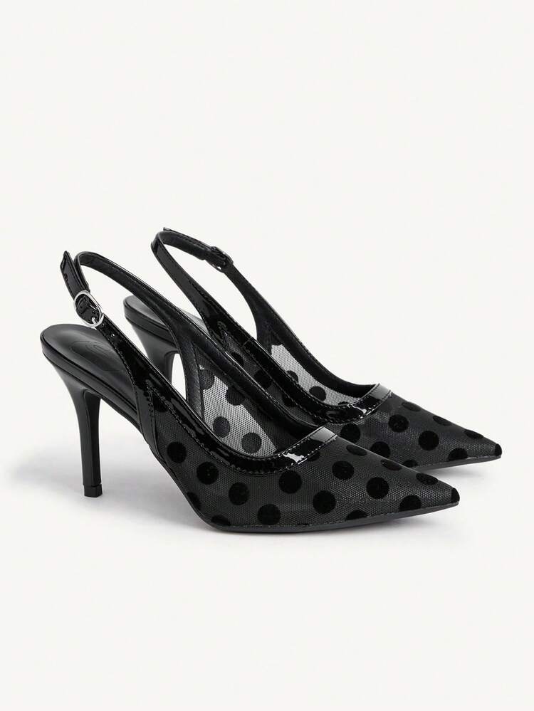 CUCCOO CHICEST Pointed Polka Dot Mesh Fine High Heel Slingback, Korean Retro Style, Combined With Polka Dot Elements + Pointed Design, Sweet And Elegant, Suitable For 18-40 Year Old Office Workers, Young Women, Daily Commuting, Dating Dinner, Light Workplace Occasions Can Wear Wedding Shoes Spring Shoes Bride Shoes