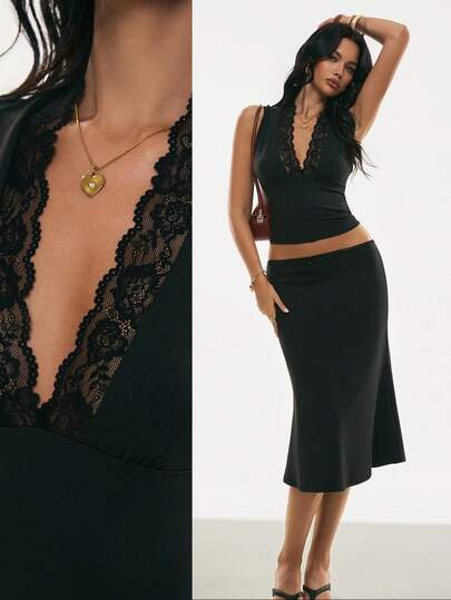 Poéselle Women's Knit Set Lace-Plunge Tank & Bias-Cut Midi Skirt Co-Ord Set – Sleek Black Two-Piece Outfit For Effortless Night-Out Glam Black Two Pieces Set, Lace Trim Top, Matching Skirt Set, Deep V Camisole, Satin Midi Skirt, Date Night Outfit, Y2k Co-Ord, Minimalist Evening Look Solid Color Lace Patchwork V-Neck Camisole And Skirt Elegant 2-Piece Set