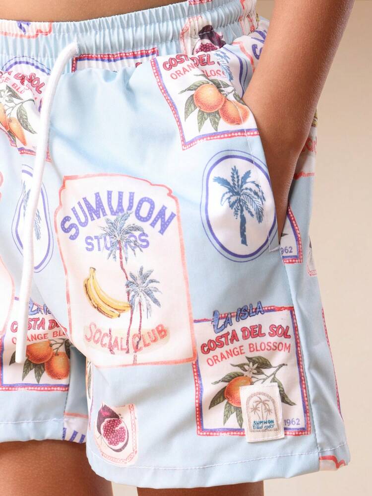 ヴィンテージスタンププリントのスイムショーツ