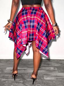 Glyssa Women's Casual Vintage Red & Black Plaid Lace-Up Asymmetrical Hem Fitted Skirt, Spring/Summer - Multicolor - View 2