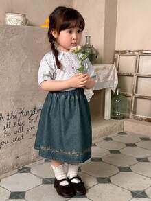 DAZY 女童休闲宽松A字牛仔裙 - 中等水洗藍 - 查看 5