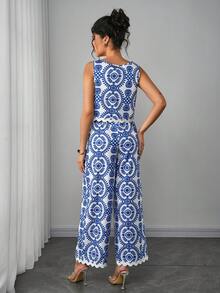 Momance 孕妇无袖植物印花上衣+可调节腰围裤子两件套，夏季 - 藍色 - 查看 2