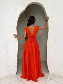 BamGleam 女士度假款透视镂空系带高开衩连衣裙 - 亮橙色 - 查看 2