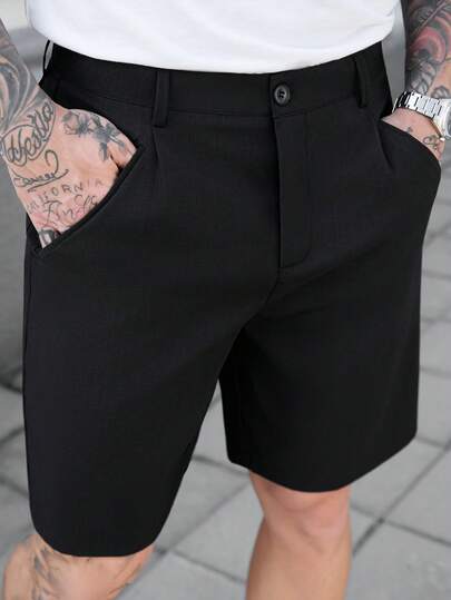 Manfinity CasualCool Men's Casual Shorts New Arrival, Black Fabric Comfortable, Ins Style, Old Money Vibe, Convenient Pockets, Minimalist Versatile, Suitable For Daily Wear, Summer Outfit, Casual Outing & Date, Casual Shorts, Essential Item For Gifting Boyfriend Or Husband, Y2K,Men Old Money,Daily Leisure, Weekend Trips, Outdoor Activities, Travel Expeditions, Relaxed Work Environments Or Semi-Formal Occasions, Boyfriend/Husband Gift, Anniversary /Birthday Gift Party Summer Vacation Holiday,Wedding,Spring To Summer,Easter,Men's Classic Black Tailored Shorts For Summer Everyday Wear,Tailored Shorts,Shorts For Work,Elegant Shorts,Men's Black Shorts