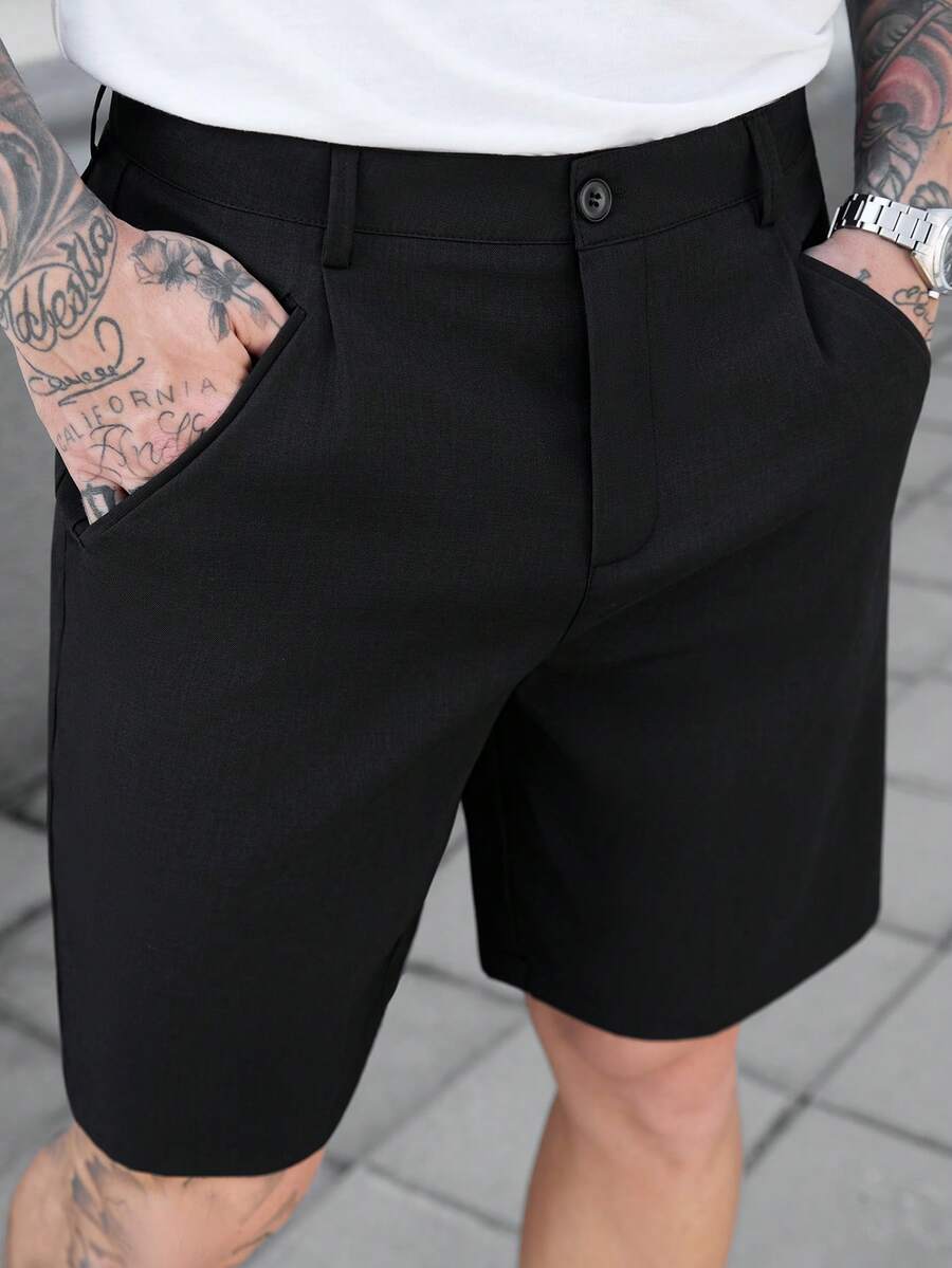 Manfinity CasualCool 男士休闲短裤新品上市，黑色面料舒适，ins风，复古韵味，实用口袋，简约百搭，适合日常穿着、夏季穿搭、休闲外出和约会，休闲短裤，送男友或老公的必备单品，Y2K风格 - 黑色 - 查看 1