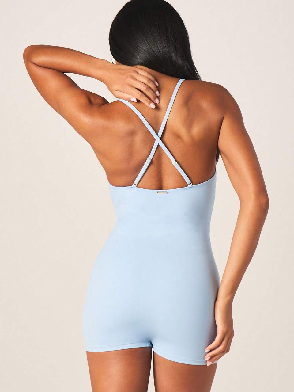 Missguided x Playboy Cross Over Strap Sports Short Romper Summer Activewear Sleeveless Scoop Neck Light Blue Fitted One Piece Jumpsuit