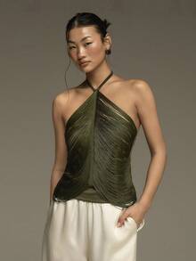 COSMINA Áo tank top không tay cổ yếm tua rua thanh lịch dành cho nữ, mang đến cảm giác nghỉ dưỡng, đa năng cho các buổi đi chơi, hẹn hò, ngày Valentine. - màu xanh lá - Xem 5