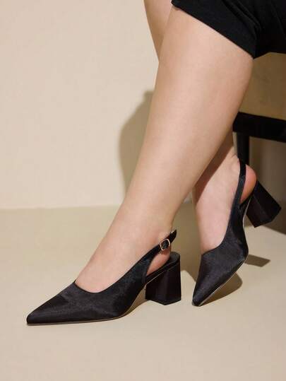 CUCCOO CURVES Zapatos de mujer, diseño de hebilla de satén negro con punta, versátiles para uso diario, moda de tacón alto de horma ancha