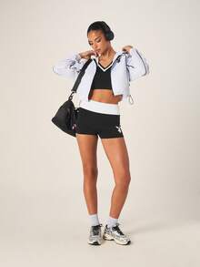 Missguided x Playboy 女士黑色高腰骑行短裤，饰有白色兔子标志，运动修身压缩短裤，适合锻炼训练 - 黑與白 - 查看 3