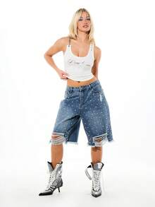 SUMWON WOMEN Quần short Bermuda denim rách gối, đính ngọc trai, kiểu dáng năng động, thích hợp cho phong cách đường phố mùa hè. - Màu xanh lam - Xem 5