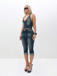 Plus Size Cropped Denim Capri Jeans With Cuffed Hem High Rise Vintage Wash Medium Blue Denim Bottoms - Blue - View 6