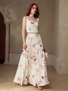 MOTF PREMIUM WOMEN'S COTTON LINEN BLOUSE & FLORAL PRINTED SKIRT 2 PIECES SET, SUITABLE FOR DATES AND VACATIONS IN SPRING/SUMMER - Multicolor - View 7