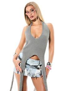 SUMWON WOMEN 女士灰色罗纹针织深V露背吊带背心，长流苏系带细节，夏季休闲无袖修身款 - 灰色 - 查看 3