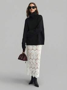 Ontre 2026 Spring/Summer Hollow-Out Lace Fabric Loose Fit Women's Skirt, Elegant For Parties, Sophisticated Urban Casual Business Commute Fashion, High-Quality Airport, Versatile Layering Piece Long Lace Skirt Lace Maxi Skirt Lace Skirts For Women Crochet Skirt White Lace Skirt - White - View 3