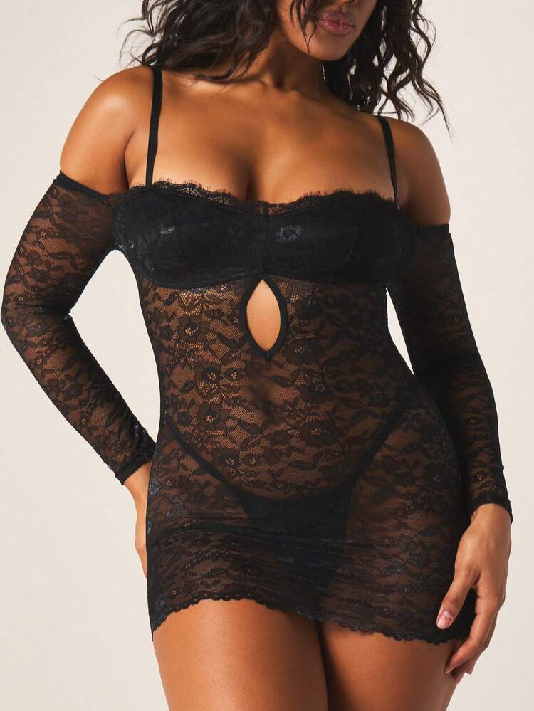 MISSGUIDED Sensual Black Lace Off Shoulder Lingerie Set With Cut Out Detail And Long Sleeves For Intimate Occasions