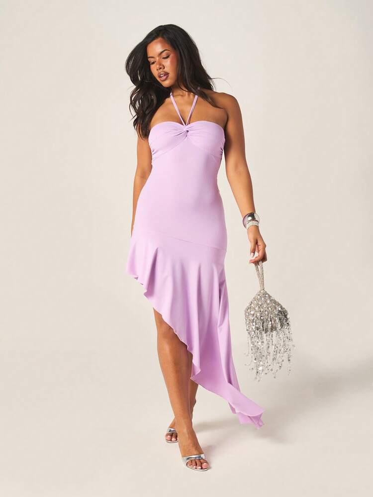 MISSGUIDED Vestido Longo Bodycon Assimétrico com Decote Halter e Detalhe de Amarração para Festas e Ocasiões à Noite