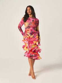 MISSGUIDED Women's Long Sleeve Floral Mesh Ruffle Detail Bodycon Midi Dress With Dramatic Layered Frill Hem Spring Party Occasion Wear - Multicolor - View 3