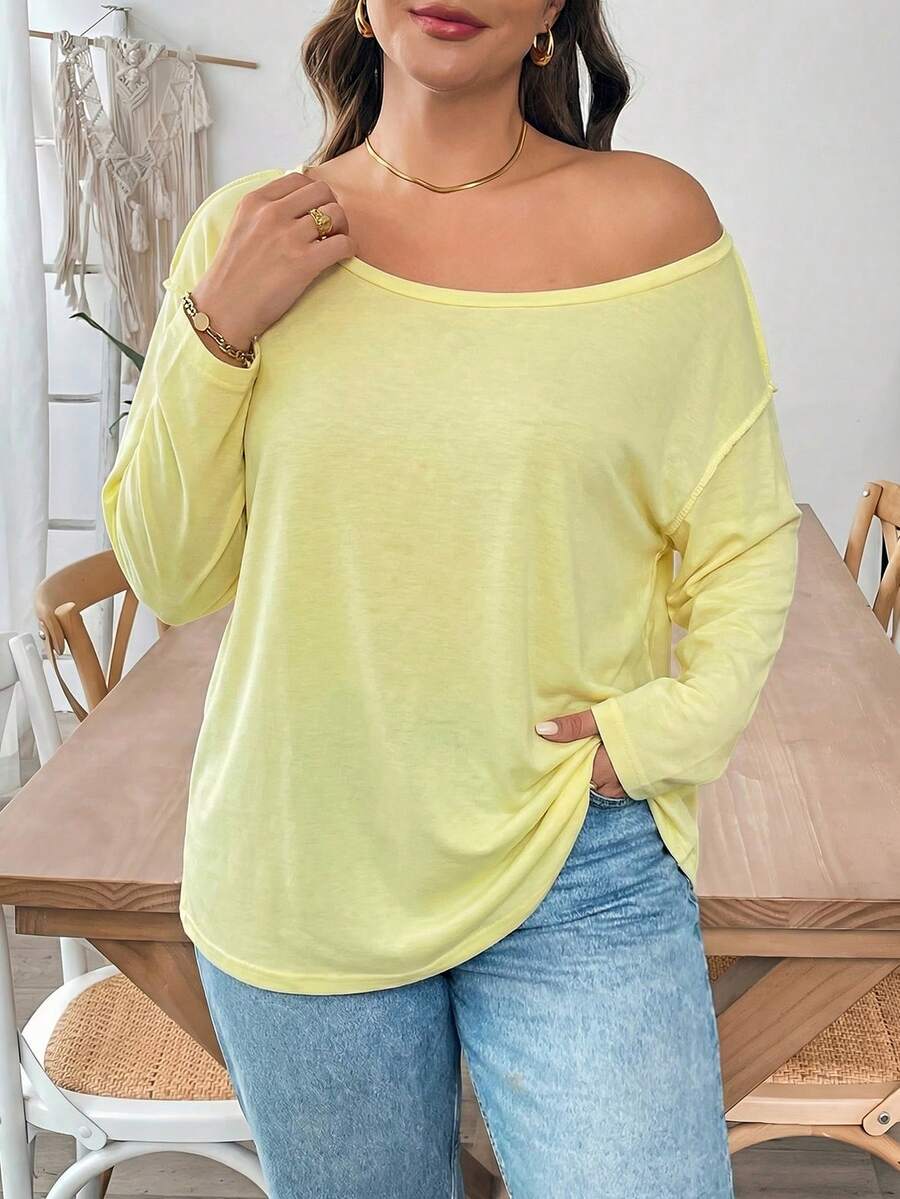 SHEIN Essnce 大码女式秋冬休闲舒适宽松长袖T恤上衣,服装,秋季,不对称上衣,女式带袖上衣,秋季,可爱上衣,宽松上衣 - 淡黃色 - 查看 1