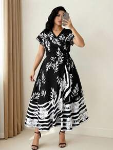 Rometta Plus Size Elegant Leaf Print Waist Cinched Dress, Summer Black And White Leaf Print Dress Black And White Floral Dress Vintage Style Dress Black And White Dress Women - Black - View 10
