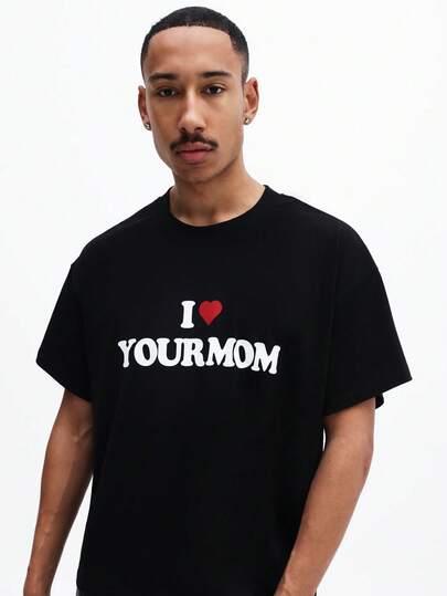 SUMWON I Love Your Mom Humorous Slogan Graphic Black Short Sleeve Boxy Crew Neck T-Shirt Casual Statement Tee
