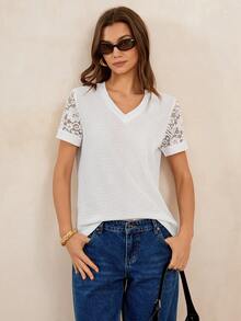 Lymera Spring/Summer Fashion Elegant Commuting Versatile White Knit Textured V-Neck Short Sleeve Lace Splice T-Shirt - White - View 4