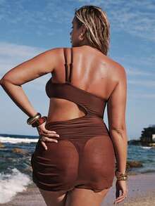 SHEIN BAE Plus Size Hollow Out One-Piece Swimsuit For Beach & Vacation Plus Size Bathing Suits Women - Brown - View 2
