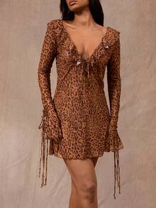 Opulessa Women's Vacation Leopard Print Ruffle Collar Front Tie Cover Up Dress - Multicolor - View 1