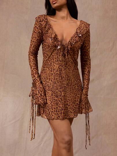 Opulessa 女士度假豹纹荷叶边领前系带罩衫连衣裙