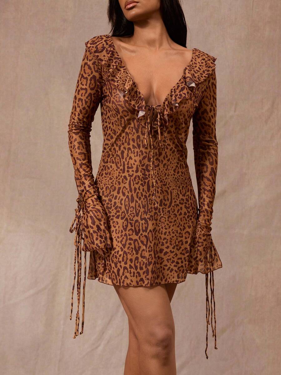 Opulessa Women's Vacation Leopard Print Ruffle Collar Front Tie Cover Up Dress - Multicolor - View 1