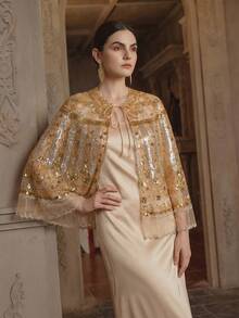 Anewsta Chal elegante con lazo y cuentas para mujer, color dorado - Albaricoque - Ver 6