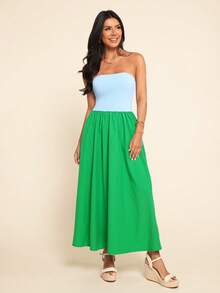 Vivid Eden 女士休闲优雅浪漫日常度假撞色连衣裙，无肩带连衣裙，女士蓝色连衣裙和绿色连衣裙，春夏款 - 綠色 - 查看 13