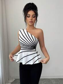 Elenzga Women's Elegant Striped Print Fitted Waist A-Line Casual/Date Night Black & White Fashionable Versatile Top - Black and White - View 5