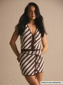 MUSERA Stripe Knit Tie Front Waist Coat Co-Ord Top Only Spring Summer Cosy Cute Daily Girly Vacation Sunlight Social - Multicolor - View 1