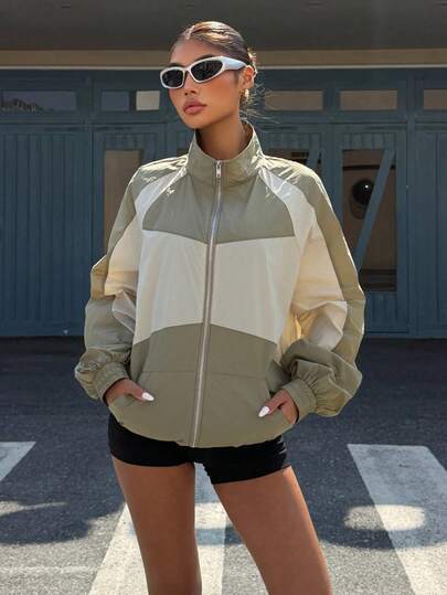 Muchica Nylon Raglan Color Block Lightweight Outdoor Jacket,Spring / Summer Outfits,Going Out Tops,Climbing Outfits