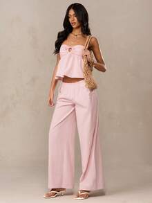 SHEIN BAE 春夏粉色亚麻条纹系带荷叶边装饰松紧腰带口袋细节阔腿裤，适合海滩、度假、可爱裤装、意大利度假、伊比沙岛、条纹裤、夏季裤装、休闲裤 - 粉色 - 查看 4
