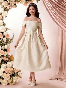 SHEIN Pitira Vestido elegante de hombros descubiertos de jacquard en color albaricoque para adolescentes - Albaricoque - Ver 2