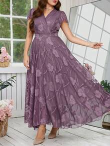 Reflora Đầm hoa thanh lịch dành cho nữ cỡ lớn, đầm dự tiệc cưới mùa hè. - Màu tím - Xem 3