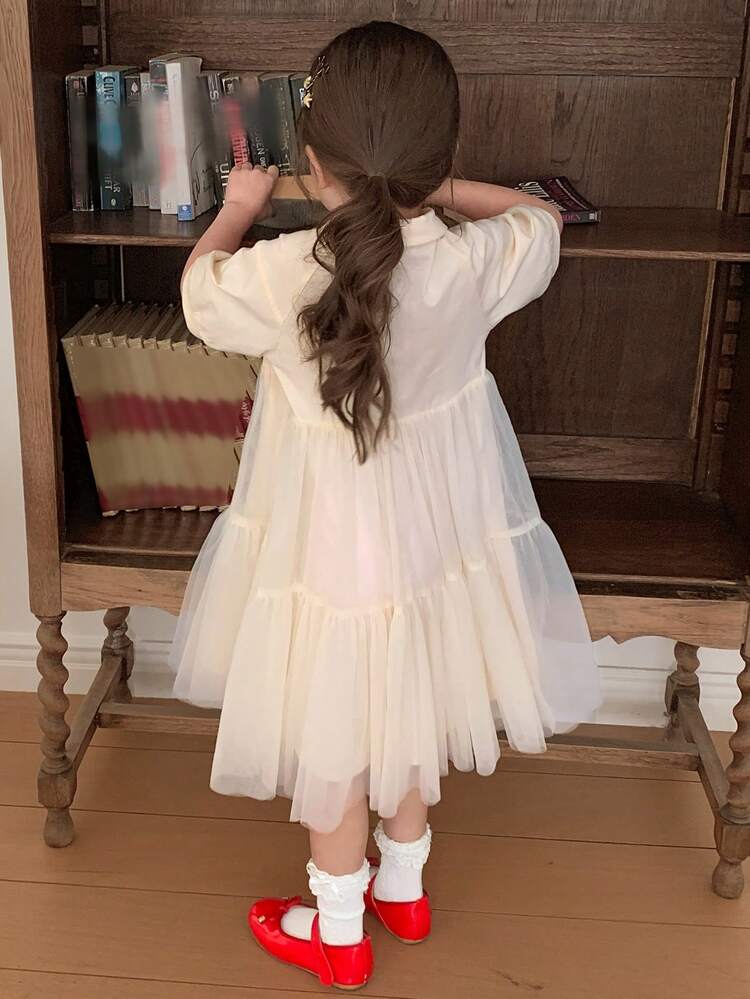 Young Girls Collar Mesh Patchwork Korean Style Fresh Casual Dress, Spring/Summer