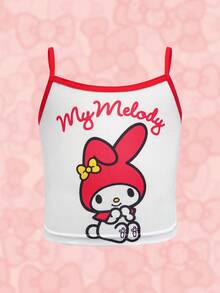 HELLO KITTY AND FRIENDS | SHEIN 女童撞色滚边细肩带休闲无袖可爱印花吊带衫 - 白色 - 查看 4
