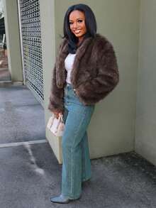 Steph T 秋冬女士前开蓬松大衣 - 鏽棕色 - 查看 1