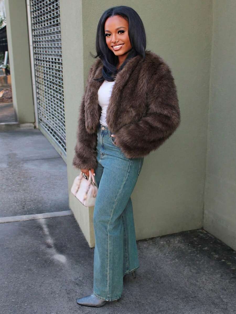 Steph T 秋冬女士前开蓬松大衣 - 鏽棕色 - 查看 1