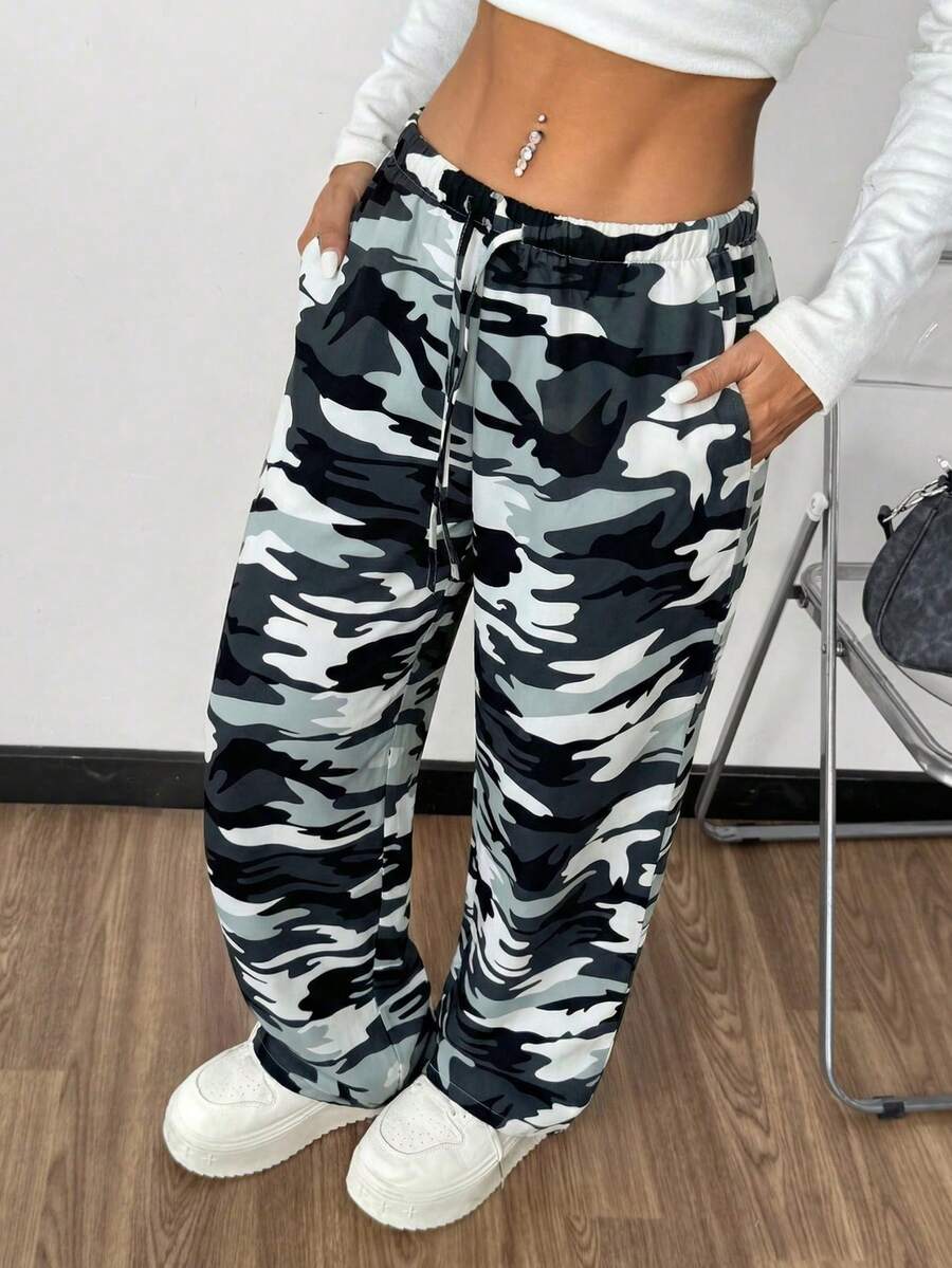 SHEIN EZwear Women's Knit Casual Camo Print Wide Leg Pants - Black and White - View 1