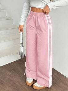 SHEIN EZwear 女士黑色侧边撞色白色织带松紧腰裤 粉色裤子 女士休闲裤 运动裤 抽绳裤 宽松裤 粉色运动裤 阔腿裤 粉色女裤 女士夏季裤 阔腿运动裤 女士运动裤 女士休闲阔腿裤 女士高腰裤 - 粉色 - 查看 5