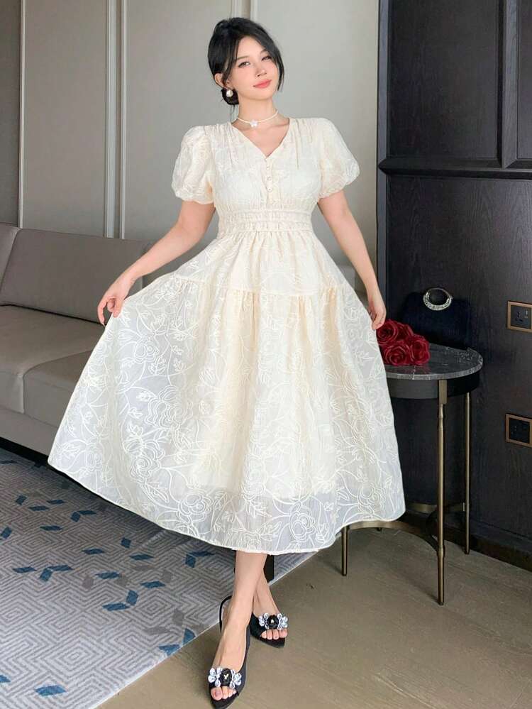Women's V-Neck Short Sleeve Textured Fabric Dress, Elegant Sundress Summer