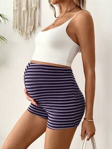 Lyckli Maternity Casual Everyday Knit Striped Elastic Waist Fitted Shorts - Multicolor - View 5