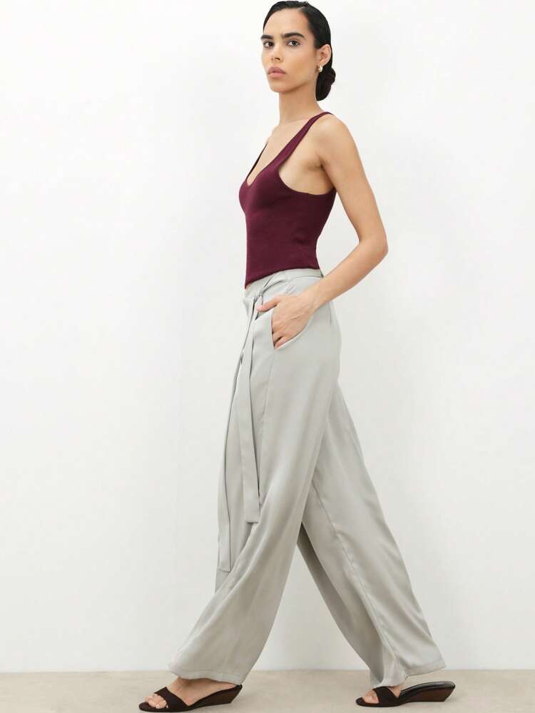 KSTM Pantalones palazzo de pierna ancha con frente envolvente y cinturón de amarre, pantalones de cintura alta con flujo para uso casual de oficina y elegante