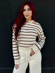 Bearsaez 休闲条纹长袖半拉链套头衫秋季 - 酒紅色 - 查看 1