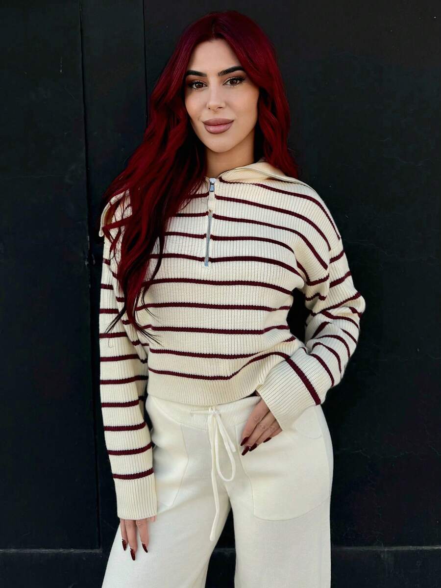 Bearsaez 休闲条纹长袖半拉链套头衫秋季 - 酒紅色 - 查看 1