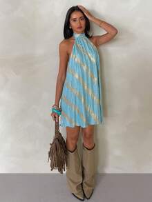 Glamine Shiny Crinkle Textured Fabric Sexy Backless Vacation Style Dress For Women - Multicolor - View 7